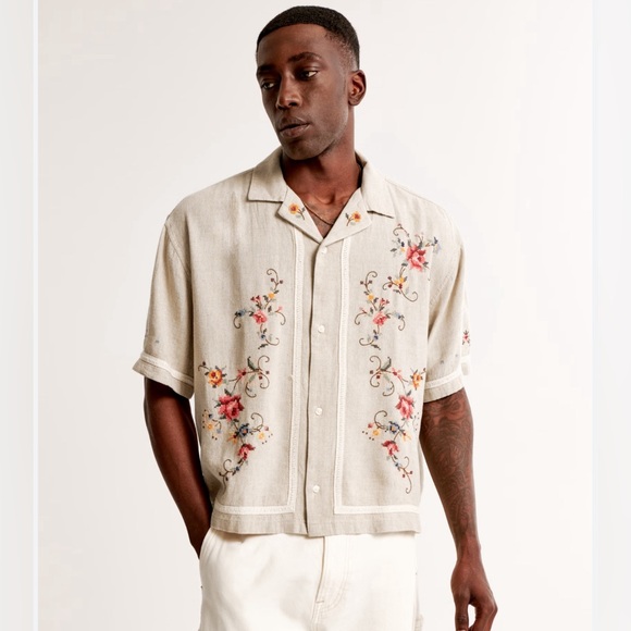 Abercrombie & Fitch Other - Abercrombie Camp Collar Cropped Summer Linen-Blend Embroidered Shirt